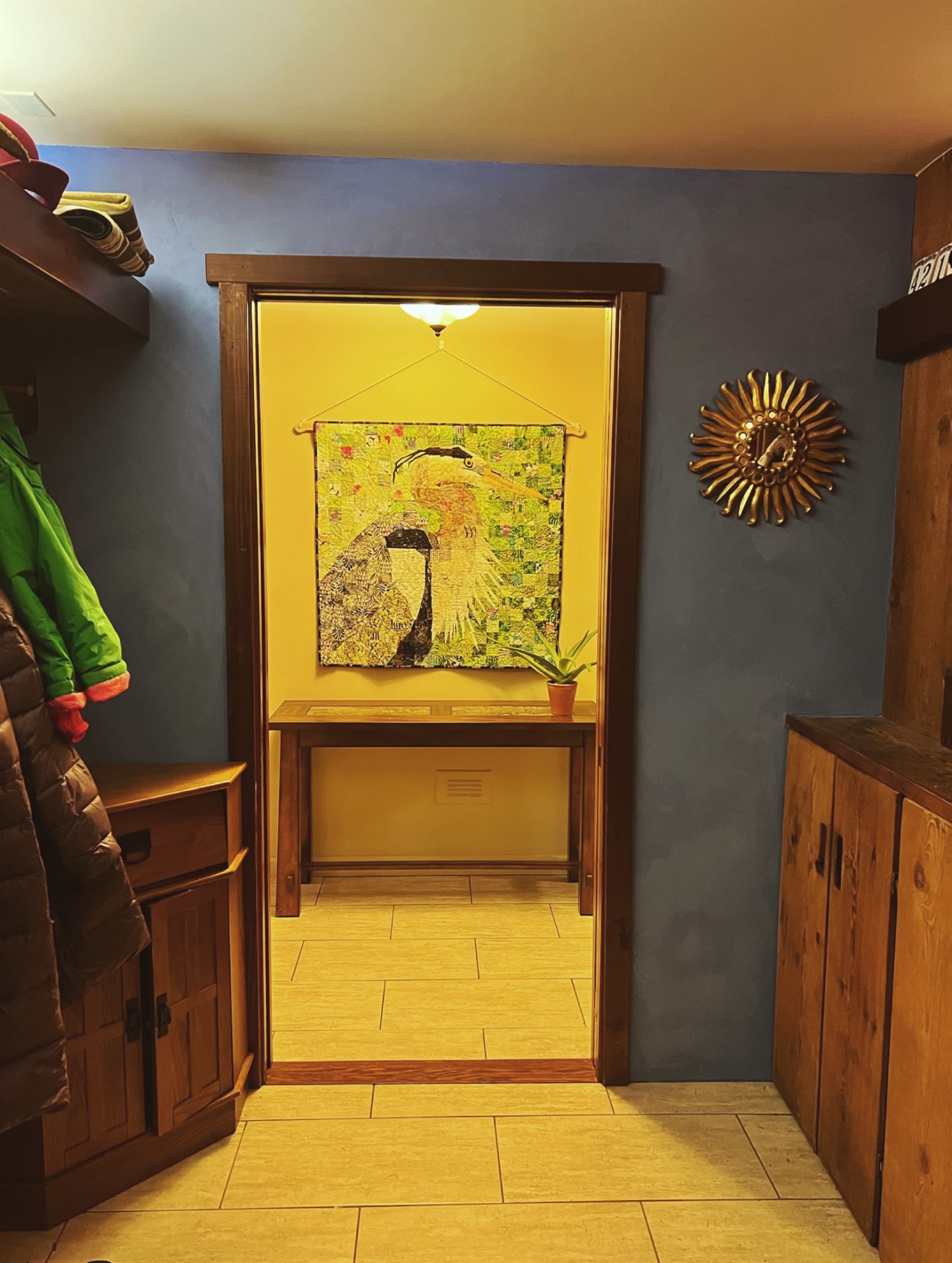 Mudroom with natural plaster finish